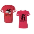 thumbnail image 1 of Beast Beauty Unisex Couple Matching Cotton Jersey style T-Shirt Contrasting stripes on sleeves (Men Red / Women Red) (Men S / Women XL), 1 of 3