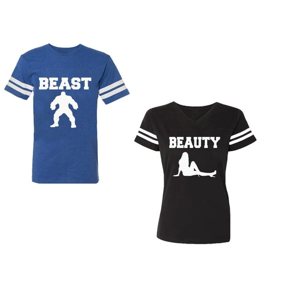 Beast Beauty Unisex Couple Matching Cotton Jersey style T-Shirt Contrasting stripes on sleeves (Men Royal / Women Black) (Men S / Women S)