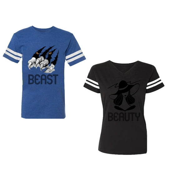 Beast Beauty Unisex Couple Matching Cotton Jersey style T-Shirt Contrasting stripes on sleeves (Men Royal / Women Black) (Men XL / Women L)