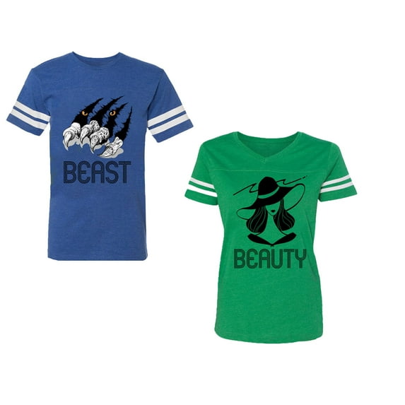 Beast Beauty Unisex Couple Matching Cotton Jersey style T-Shirt Contrasting stripes on sleeves (Men Royal / Women Green) (Men M / Women S)