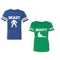 thumbnail image 1 of Beast Beauty Unisex Couple Matching Cotton Jersey style T-Shirt Contrasting stripes on sleeves (Men Royal / Women Green) (Men S / Women S), 1 of 3