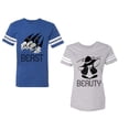 thumbnail image 1 of Beast Beauty Unisex Couple Matching Cotton Jersey style T-Shirt Contrasting stripes on sleeves (Men Royal / Women Heather) (Men XL / Women XL), 1 of 3
