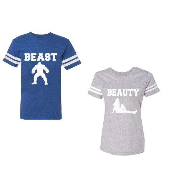 Beast Beauty Unisex Couple Matching Cotton Jersey style T-Shirt Contrasting stripes on sleeves (Men Royal / Women Heather) (Men XXL / Women M)