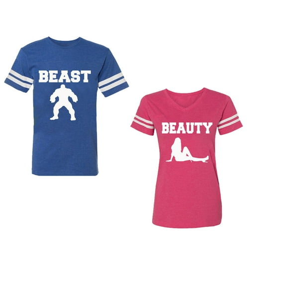 Beast Beauty Unisex Couple Matching Cotton Jersey style T-Shirt Contrasting stripes on sleeves (Men Royal / Women Pink) (Men S / Women S)