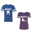 thumbnail image 1 of Beast Beauty Unisex Couple Matching Cotton Jersey style T-Shirt Contrasting stripes on sleeves (Men Royal / Women Purple) (Men XXL / Women L), 1 of 3