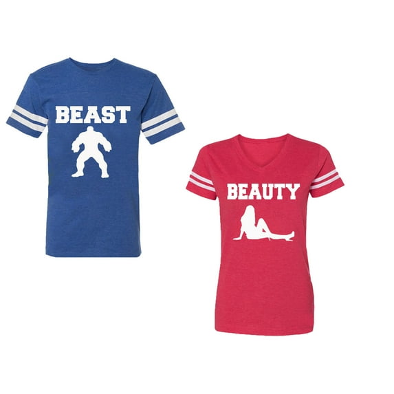 Beast Beauty Unisex Couple Matching Cotton Jersey style T-Shirt Contrasting stripes on sleeves (Men Royal / Women Red) (Men S / Women L)