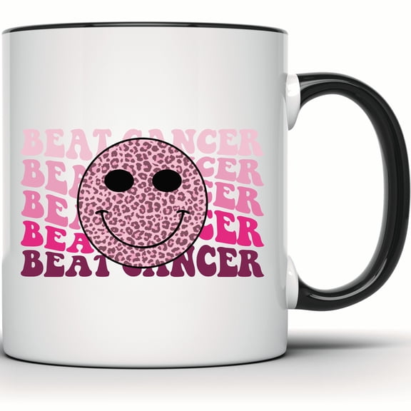 Beat Cancer Mug - Smiley Face Leopard Print - Pink Ribbon Cancer Awareness - Motivational Support Gift - 11 Ounce Black Rim Handle Novelty Coffee Cup - WMUG1922-BLK