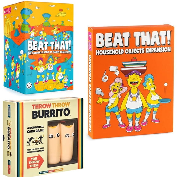 Beat That! Wacky Challenges Card Game + Household Objects Expansion + Throw Throw Burrito Dodgeball Party Game Bundle for Ages 7+