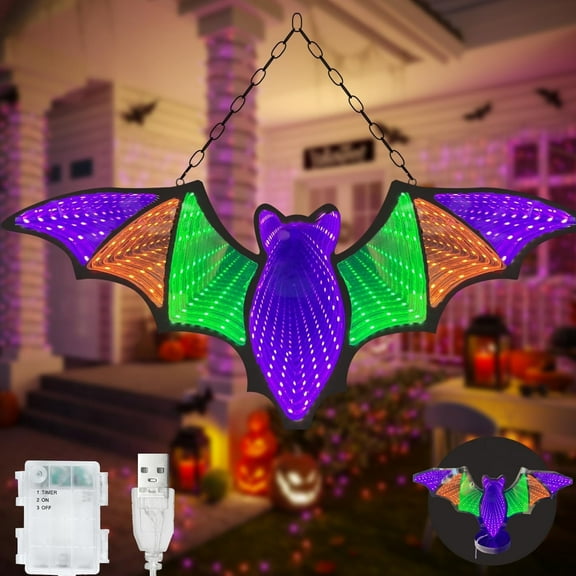 Beatineon Bat Infinity Mirror Light, USB & Battery Powered with 6H Timer, Hanging 2D Halloween Decor for Indoor Gothic Home Decor