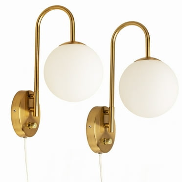 BeatiNeon Dimmable 2-Light LED Brushed Brass Bedroom Plug in Wall Sconces with Milky White Glass Globe (2 Count)