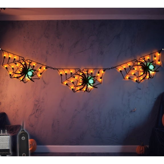 Beatineon Halloween Decorations Spider Web Lights,LED 3 Spiders and Black Metal Nets, Timer Function, Hanging Spider Decor for Wall Window Haunted