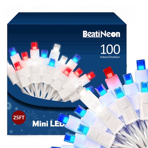 Beatineon 100LED Red White Blue String Lights IP68 Waterproof for 4th of July Outdoor Decor,25ft Patriotic Min Light, Plug in