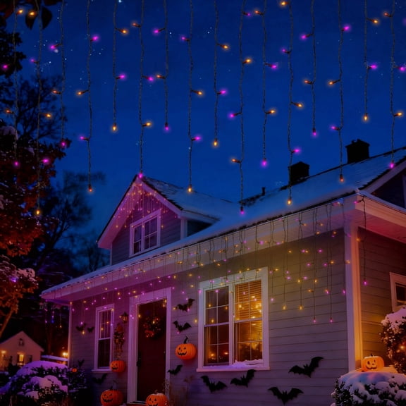 Beatineon Halloween Icicle String Lights, Orange & Purple IP68 Waterproof Lights, 7ft 100 LED Outdoor Decor with Steady Glow, Connectable for Porch, Yard, Eaves