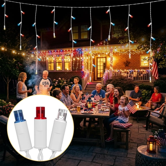 Beatineon 100LED Red White Blue Icicle String Lights IP68 Waterproof for 4th of July Decor,7ft Patriotic Min Light,Plug in