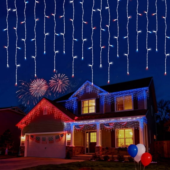Beatineon 100-Light 7ft LED Icicle String Lights, Red & White & Blue Steady Glow with Clear Bulbs – 22 Varying Drops, IP68 Waterproof, Connectable up to 10 Sets, Indoor & Outdoor, ETL Listed