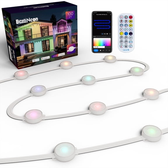 Beatineon 100ft RGB+IC Permanent Outdoor Lights, Smart Christmas String Lights with APP Control, IP68 Waterproof Individually Addressable LEDs, Improved Connectivity & Premium Packaging