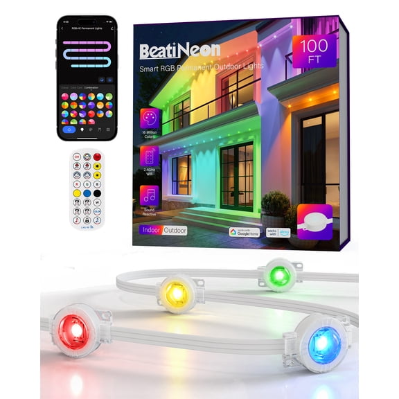 Beatineon 100FT RGB+IC Permanent Outdoor Lights, IP68 Waterproof 60LEDs Smart Christmas String Lights with APP Control