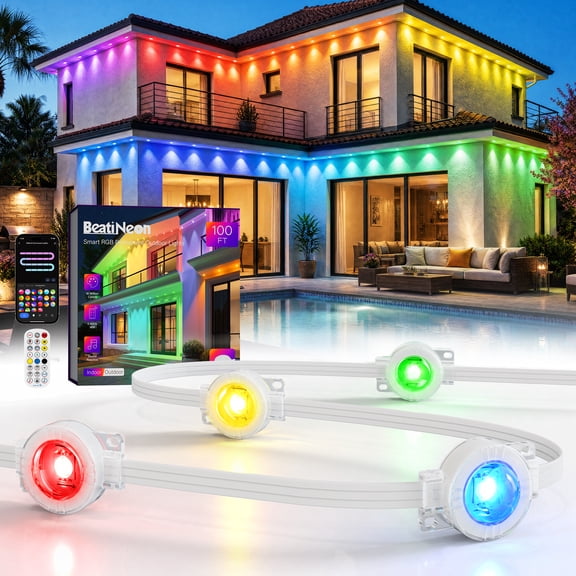 Beatineon 100FT RGB+IC Permanent Outdoor Lights, IP68 Waterproof 60LEDs Smart Christmas String Lights with APP Control
