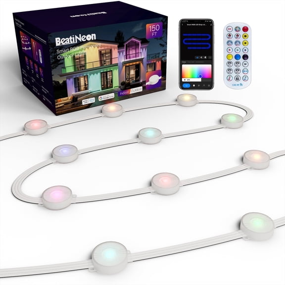Beatineon 150ft RGB+IC Permanent Outdoor Lights Pro, Smart APP Controlled Christmas Lights, IP68 Waterproof 90 LEDs String Lights with Premium Packaging