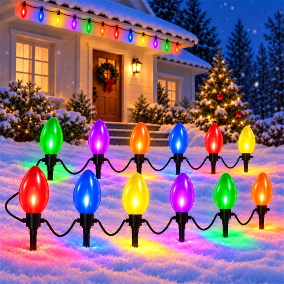 Beatineon Jumbo C9 Christmas Pathway Lights Outdoor,23 Feet 12 LEDs C9 Walkway Lights with 12 Ground Stakes, IP65 Waterproof Connectable Outdoor Decor