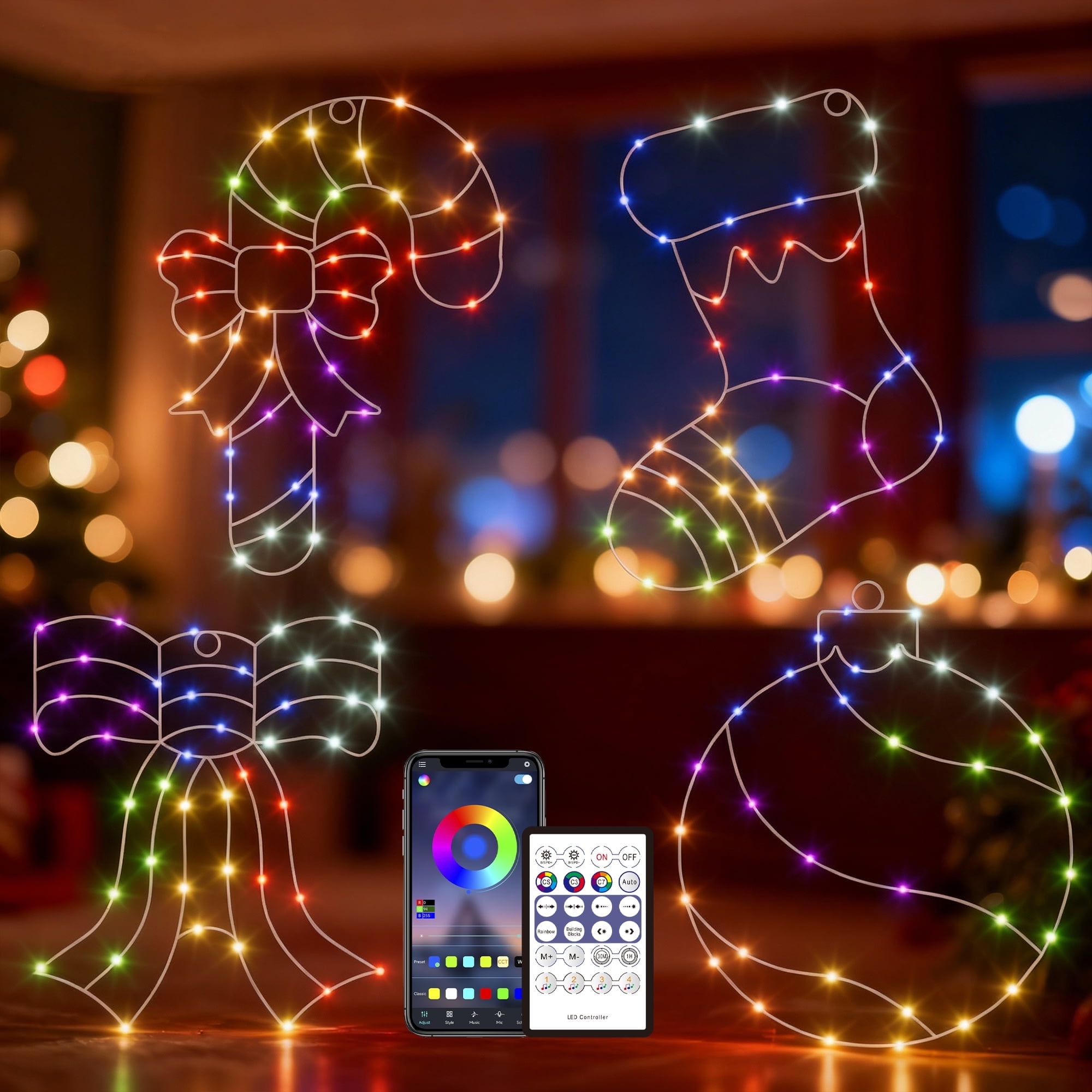 Beatineon Christmas Window Silhouette Lights, APP Controlled RGB Indoor Motif Lights with 4 Festive Designs(Ball,Socks,Crane,Bow), Remote, Timer & Music Sync for Holiday Home Decor