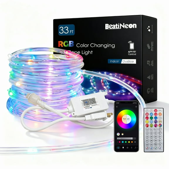 Beatineon 33ft APP Controlled RGB Rope Light, Smart LED Strip with 44-Key Remote, IP65 Waterproof, Connectable for Indoor Outdoor Holiday Decor, Music Sync