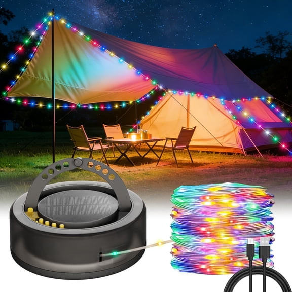Beatineon 5200mAh Solar Camping String Lights,33ft 100 LED Outdoor Waterproof Lights, Dimmable & Flashing Modes, Built-in Flashlight & LED Panel, USB-C Charging, IP65, for Camping Patio Garden