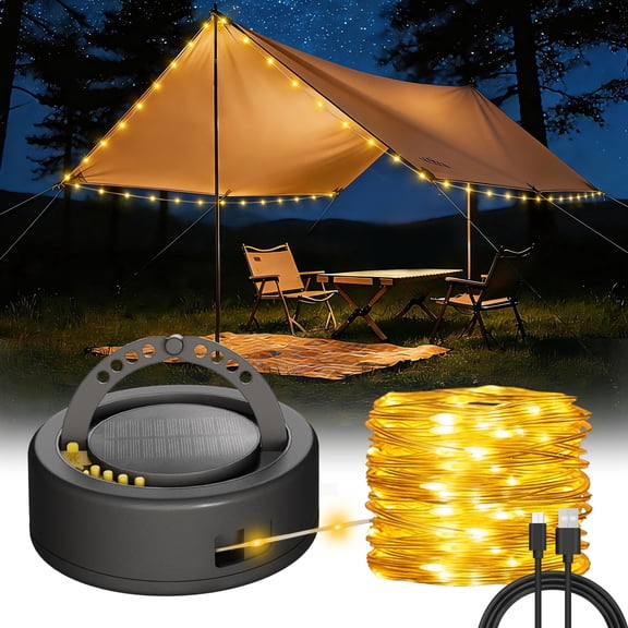 Beatineon 5200mAh Solar Camping String Lights,33ft 100 LED Outdoor Waterproof Lights, Dimmable & Flashing Modes, Built-in Flashlight & LED Panel, USB-C Charging, IP65, for Camping Patio Garden