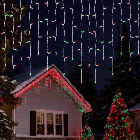 Beatineon 70-Light 7ft LED Icicle String Lights, Full Twinkle Effect, Red & Green LED with Clear Bulbs – 15 Varying Drops, IP68 Waterproof, Connectable 15 Sets, Indoor/Outdoor Use, ETL Listed