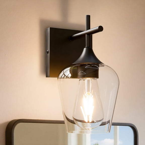 Homechoose Bathroom Light Fixtures, 1-Light Matte Black Dimmable Incandescent Corded Electric Vanity Lights with Clear Glass Globe