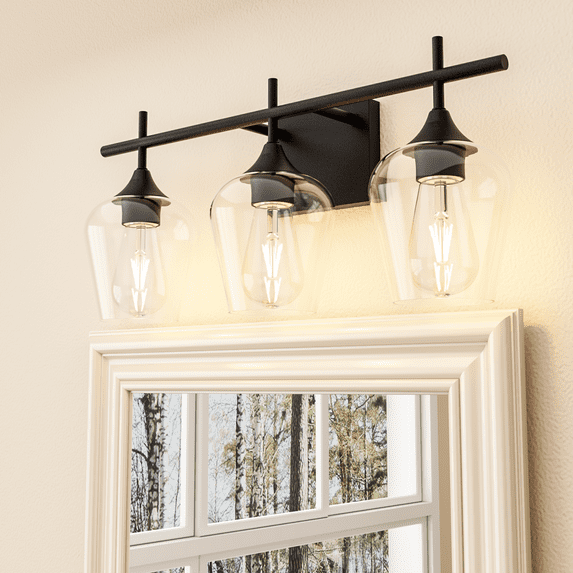 Homechoose 3-Light Bathroom Light Fixtures, Black Modern Vanity Lights with Clear Glass Shade, Bathroom Wall Lamp for Mirror Kitchen Living Room Hallway Cabinet Porch
