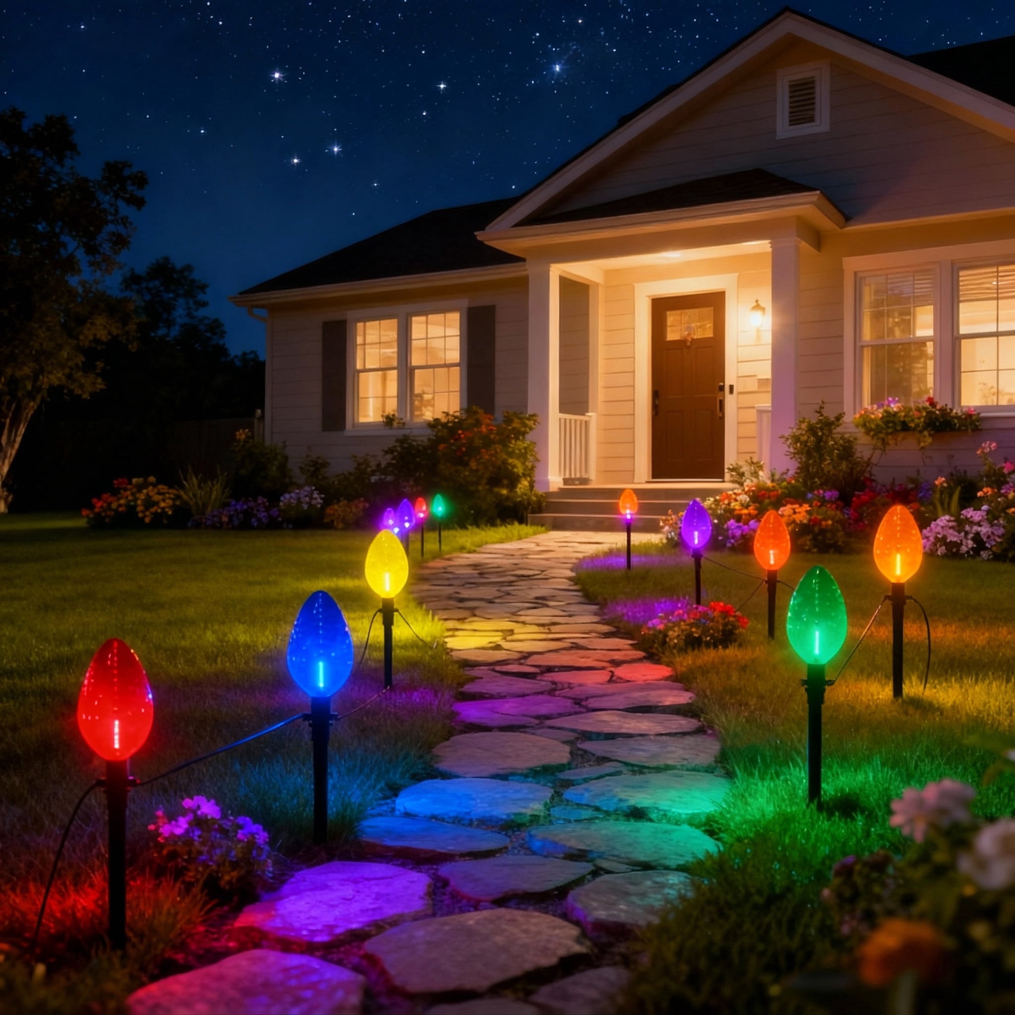 Beatineon 23ft C9 Pathway String Lights, 12 Multicolor Smooth Bulbs with 12 Ground Stakes, IP65 Waterproof Outdoor Christmas Lights, Connectable for Yard Garden Decor