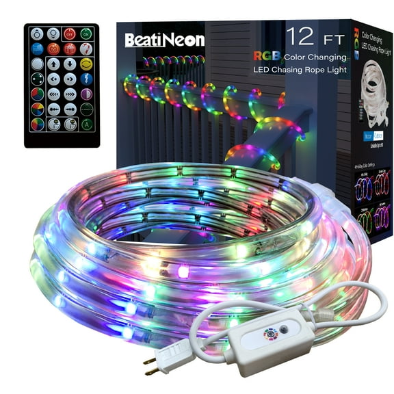 Beatineon 12ft Outdoor LED RGB Strip Lights with Remote, Color Changing Rope Light for Christmas, Party, Patio - Waterproof & Easy Install
