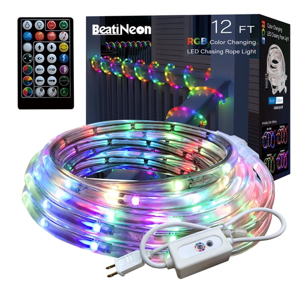 Beatineon 12FT Outdoor LED RGB Rope Lights with Remote, Color Changing Strip Light for Christmas, Party, Patio