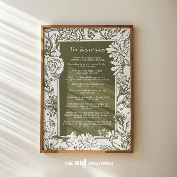 Beatitudes Sage Green Floral Christian Wall Decoration, Unframed Paper Poster 8x10in
