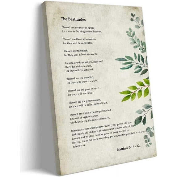 The Beatitudes Wall Art Praying Scripture Posters Framed Matthew 5 3-12 Bible Verse Wall Decor Vintage Beatitudes Poster Christian Canvas Artwork for Bedroom Framed 12x18 inch