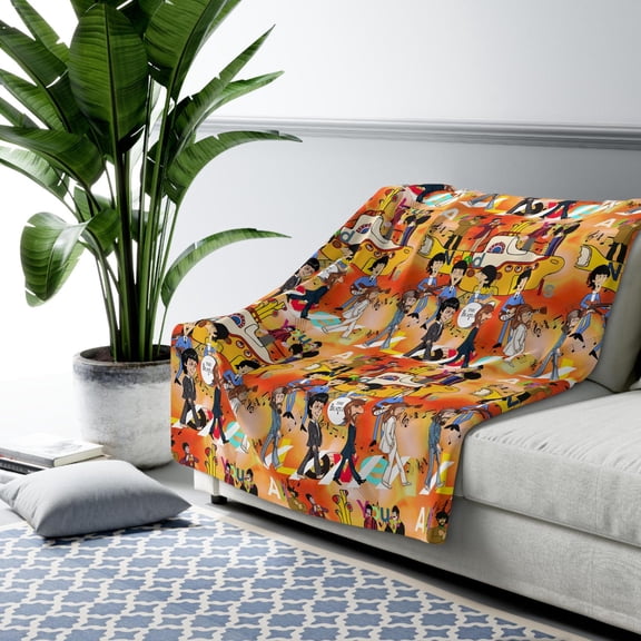 Beatles Music Inspired Flannel Blanket - Hand Drawn Art Gift Yellow