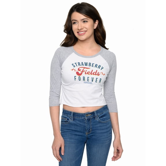 Beatles Strawberry Fields Forever White Raglan Crop Top Juniors T-Shirt