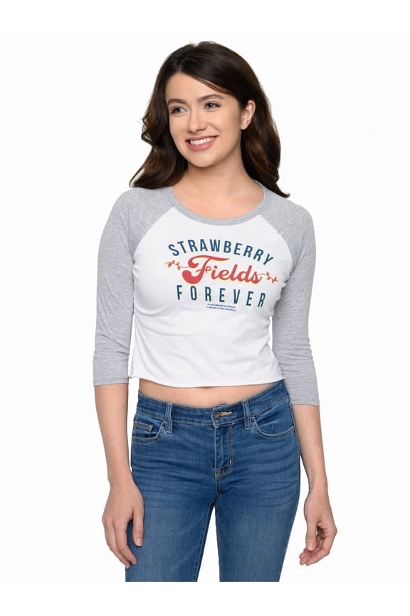 Beatles Strawberry Fields Forever White Raglan Crop Top Juniors T-Shirt