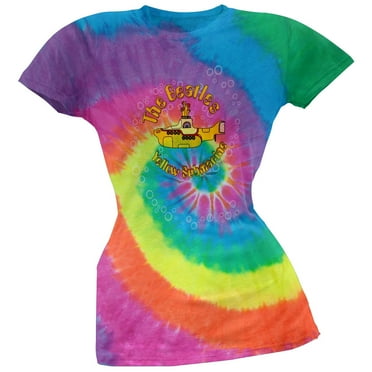 Beatles Women's Juniors Yellow Sub Spiral Tie Dye Short Sleeve T Shirt