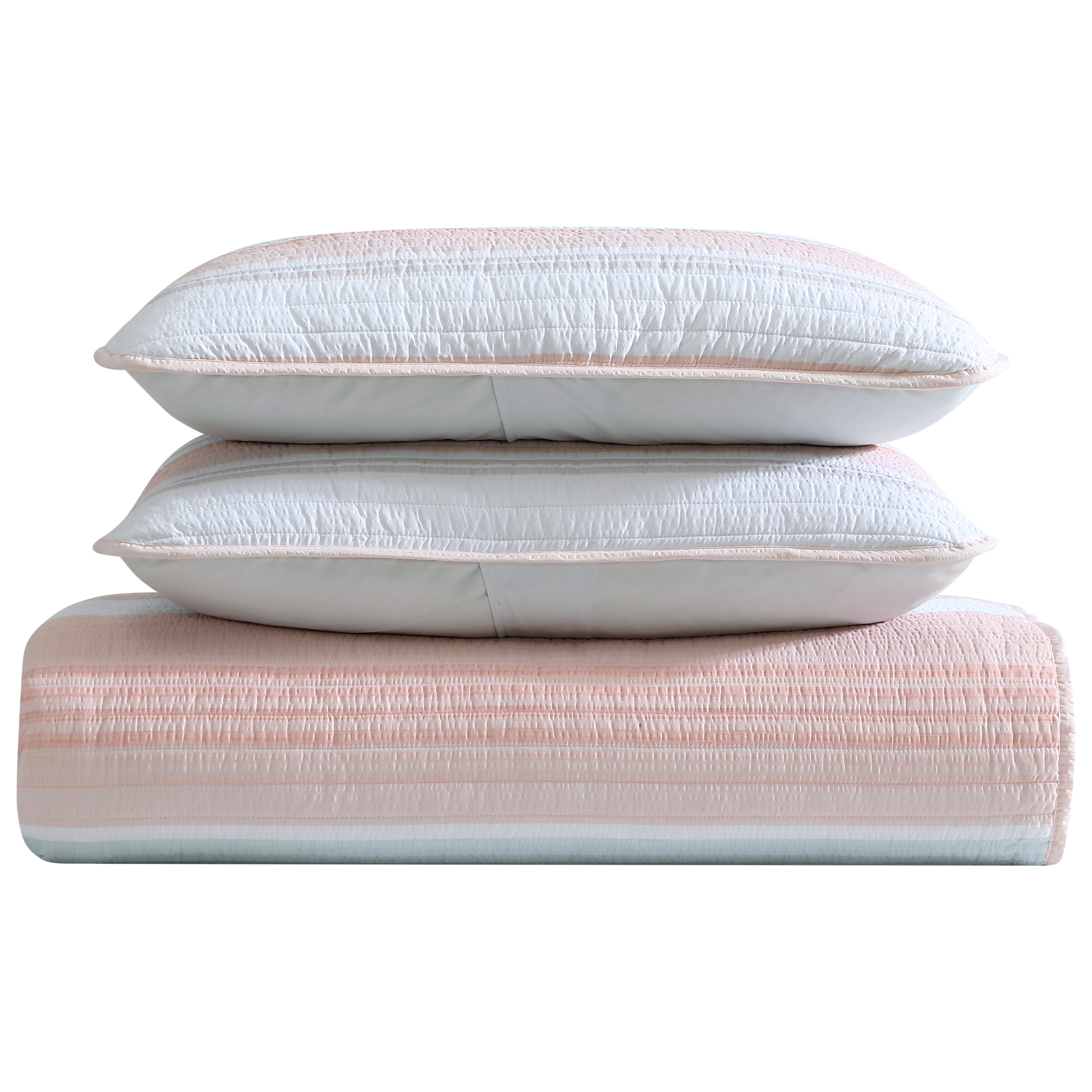 Beatrice Home Fashions, Coralinn Stripe 3PC Quilt Set, Full/Queen, Blush/Blue