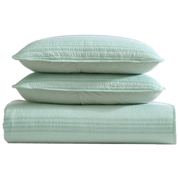 Beatrice Home Fashions, Coralinn Stripe 3PC Quilt Set, Full/Queen, Sage/Blue