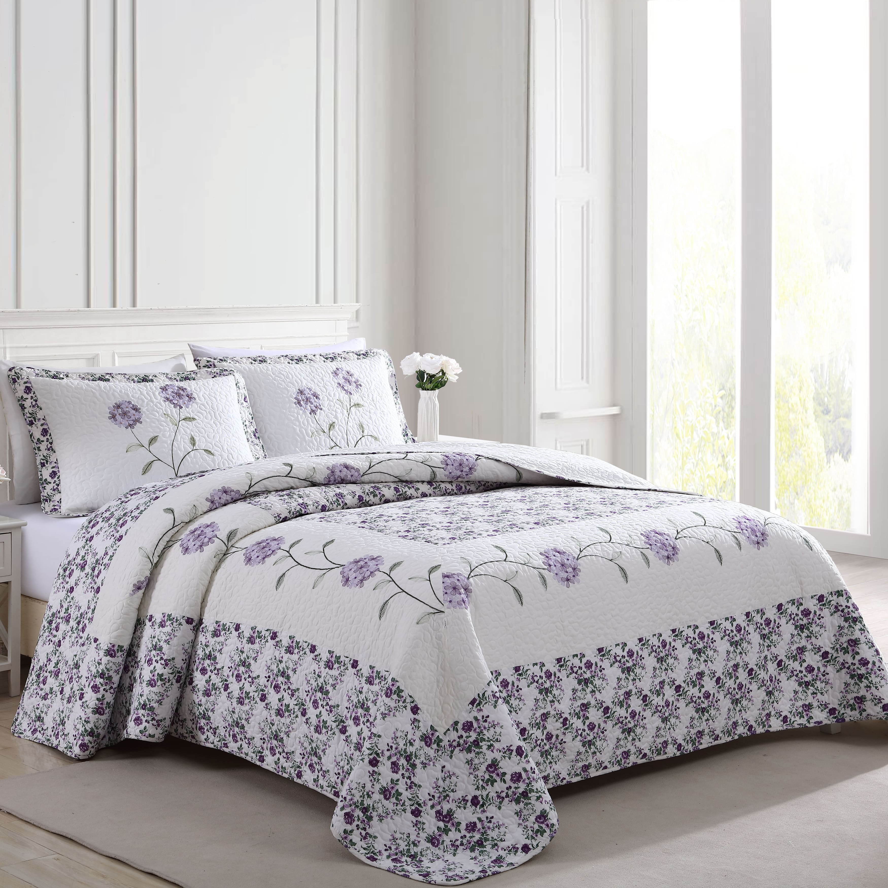 Carnation Rose Floral Embroidered Full Bedspread - Lavender