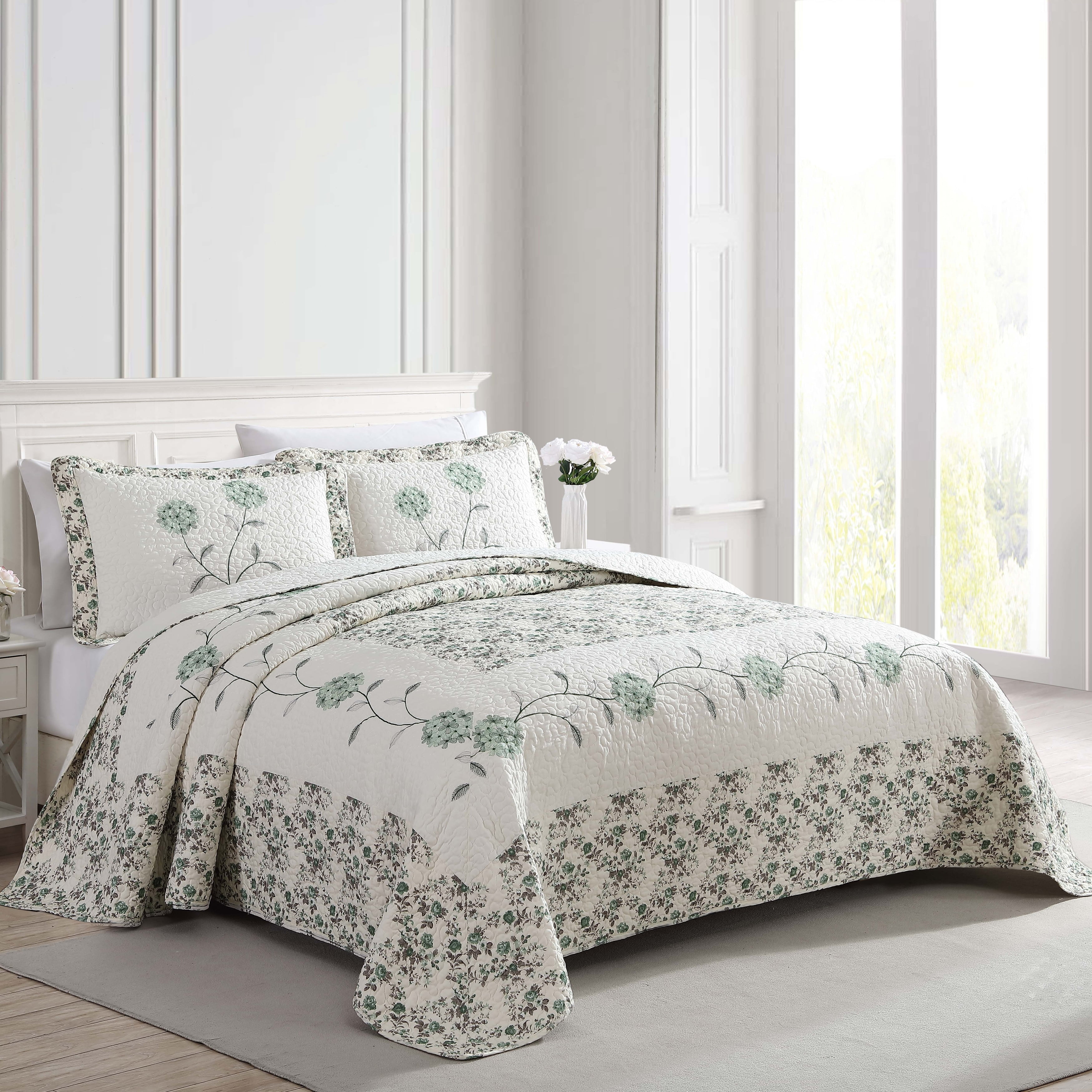 Sage Green Floral Embroidered Full Bedspread Set