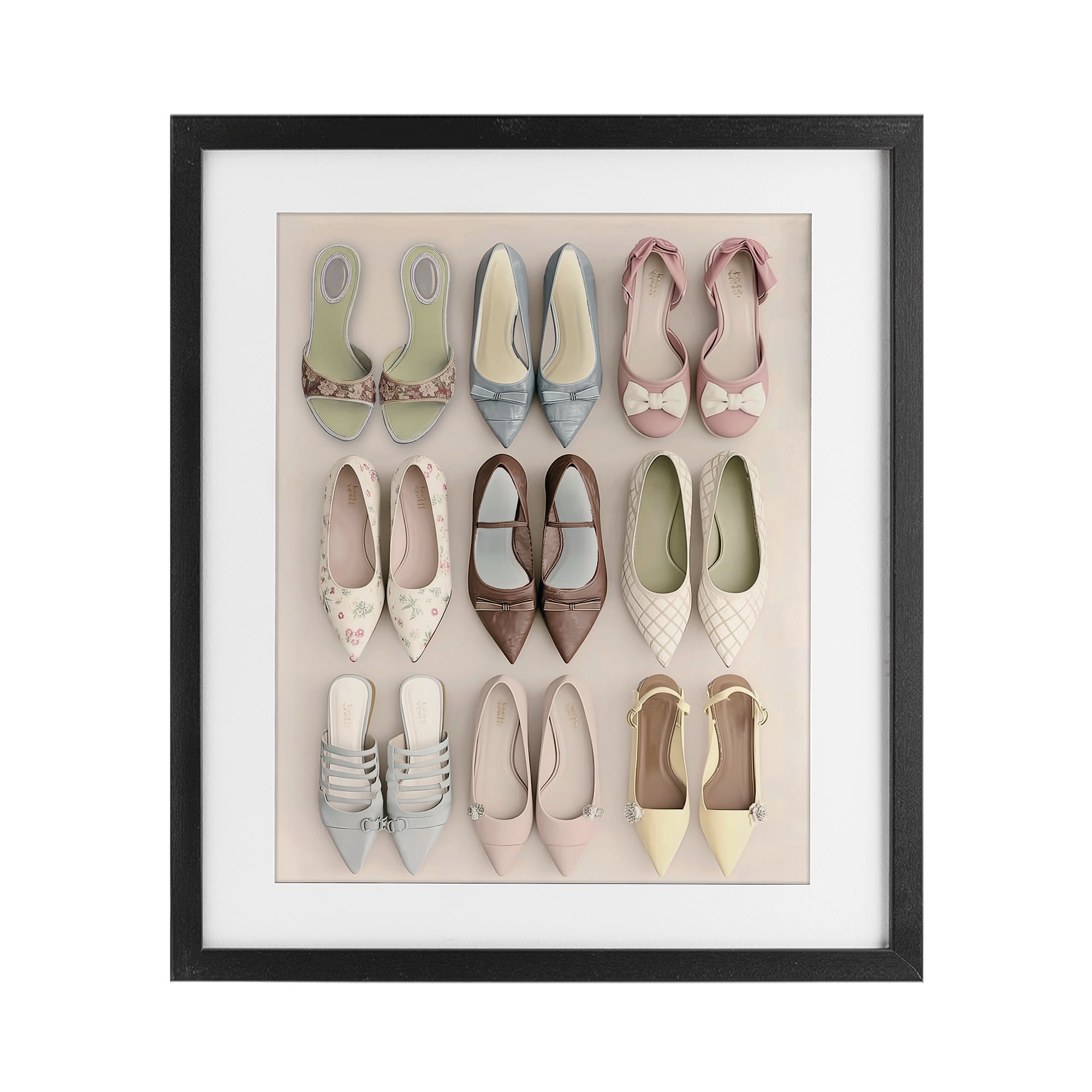 Beatrice's Closet Shoes Black Framed Print Under Glass, design by Annabelle Hall