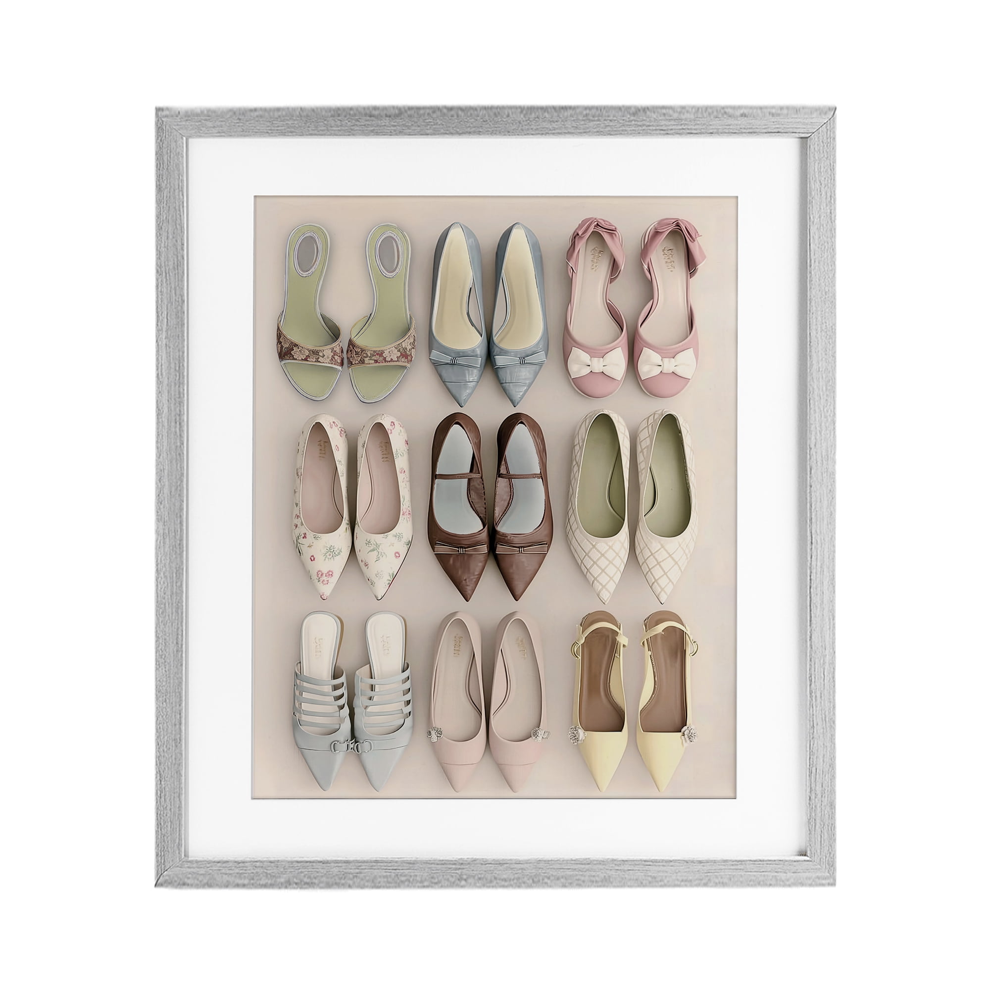 Beatrice's Closet Shoes Gray Framed Print Under Glass, design by Annabelle Hall