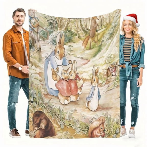 Beatrix Potter Peter Rabbit Family Flannel Blanket, Soft Lightweight All-Season Throw, Full Color Print, Warm Breathable for Home Couch Camping Travel, Cozy Blanket for Adults