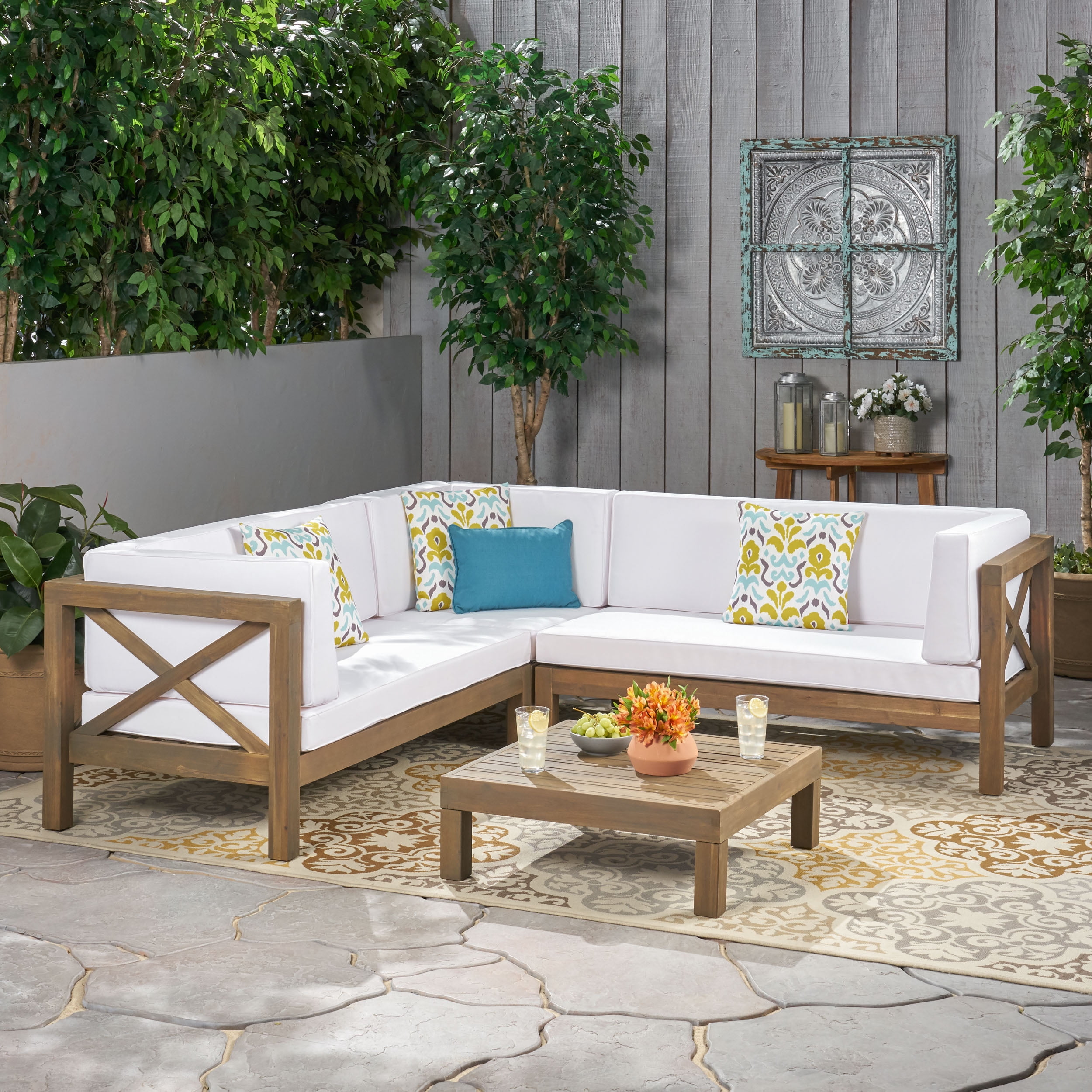 Beau 4 Piece Outdoor X Back Wooden Sectional Set with Cushions