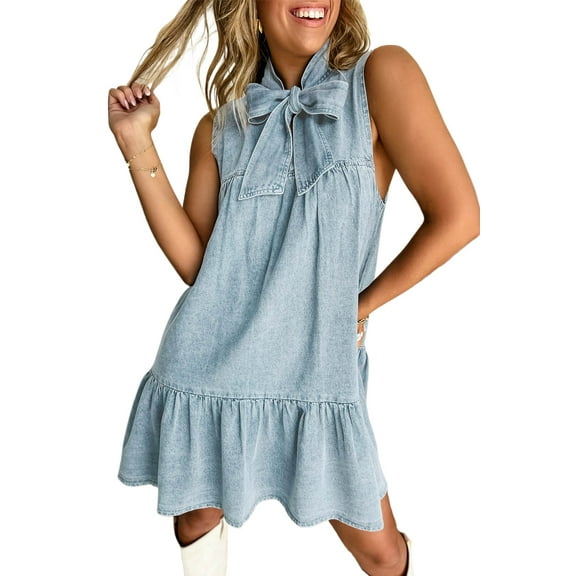 Beau Blue Bowknot Neck Sleeveless Ruffled Chambray Dress - Chic & Playful Summer Style - [ZhiHiMeRi] | (US 12-14)L