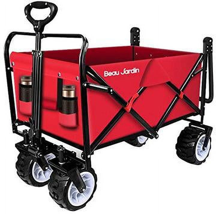 Beau Jardin Folding Push Pull Wagon Collapsible Cart 300 Pound Capacity Utility Camping Grocery Canvas Sturdy Portable Buggies Outdoor Garden Sport Heavy Duty Shopping Beach Wide All Terrain Wheel Red